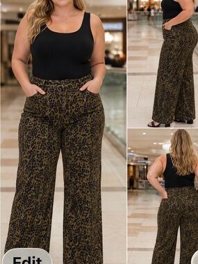 Judy Blue Olive Leopard Wide-Leg Pull-On Pants